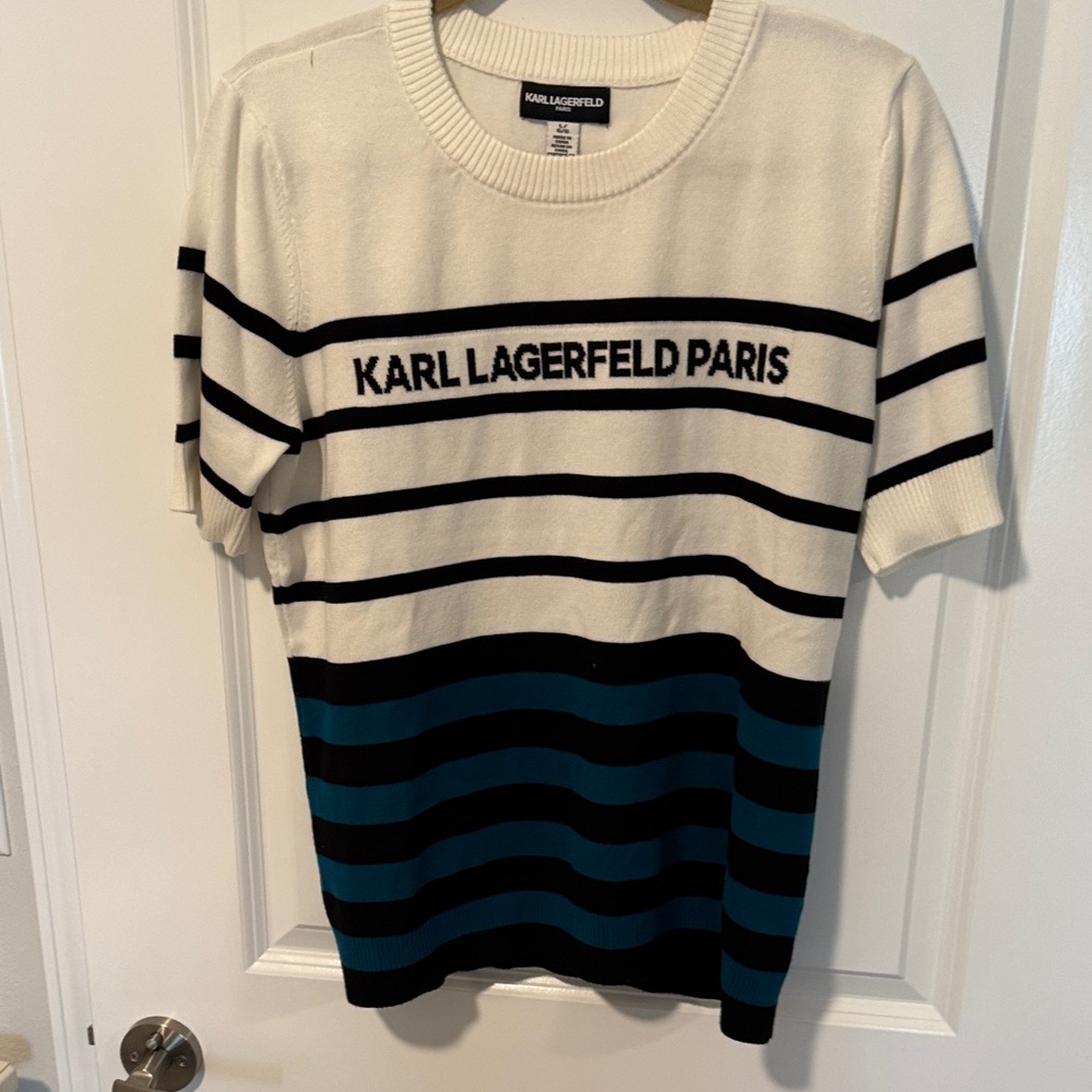 Karl Lagerfeld Women's Striped Crewneck Sweater - Cream, Black, Teal